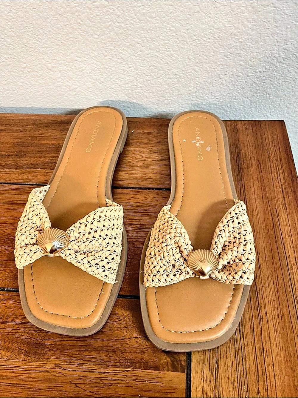 Andiamo Raffia Bow Slide Sandals with Shell Detail Brown & Beige